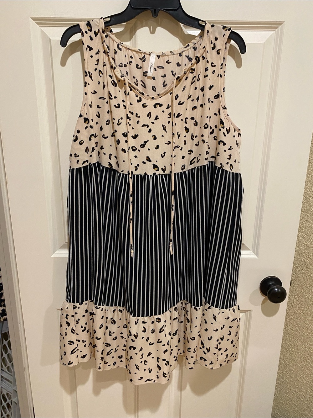 Beige and Black Animal-Print & Stripe Midi Dress
